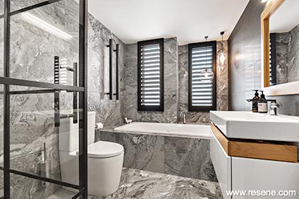 Shutters in the luxe bathroom space