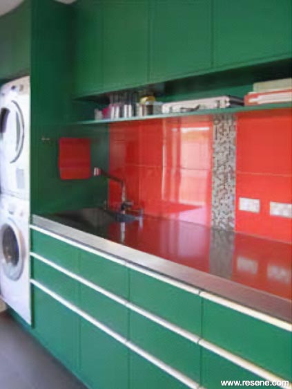 Green and red laundry and kitchen