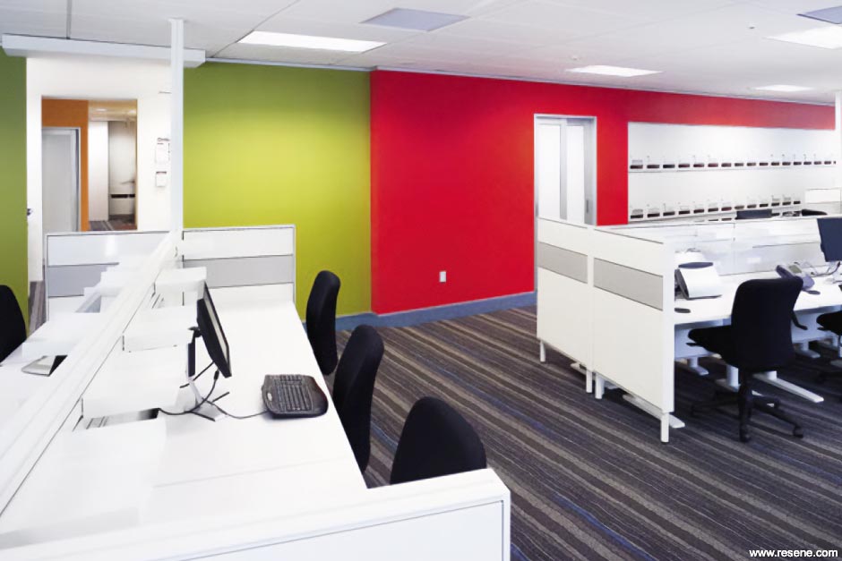 A red and green office interior