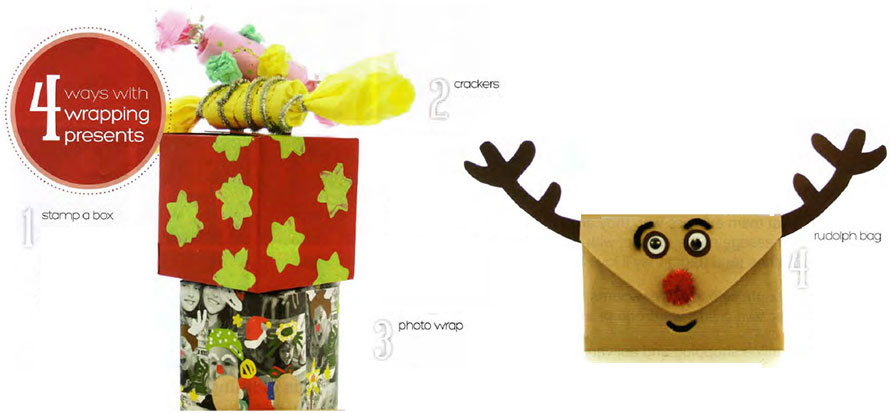 4 ways to have fun with potato stamps, decorated family photos and cardboard tubes for wrapping gifts
