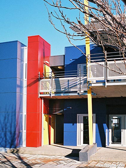 Red and blue school exterior