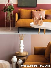 Alex Fulton shows two looks with a cherry sofa with a warm feature wall or earthy tones