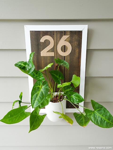 House number with pot plant