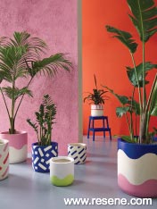 Use bold patterns and colours to create your own leafy outdoor oasis with painted planters