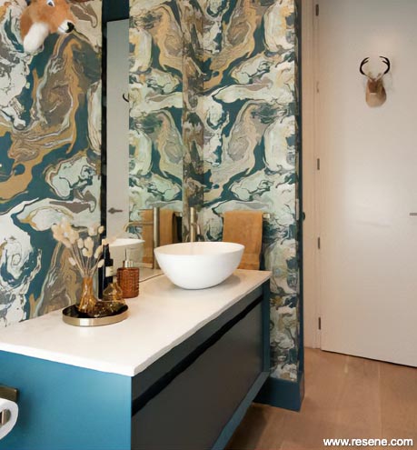 A dramatic bathroom using Resene Tangaroa