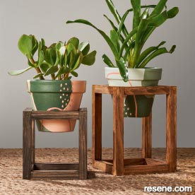 Wood plant stand, painted pots