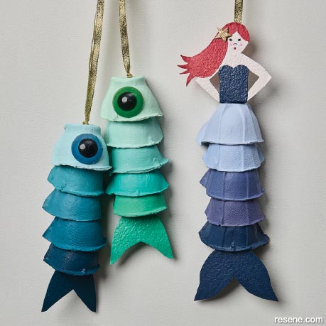 Make painted egg carton fishes and a mermaid