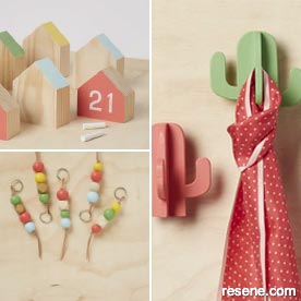 Make wooden cactus hooks, beaded keyrings and calendar blocks